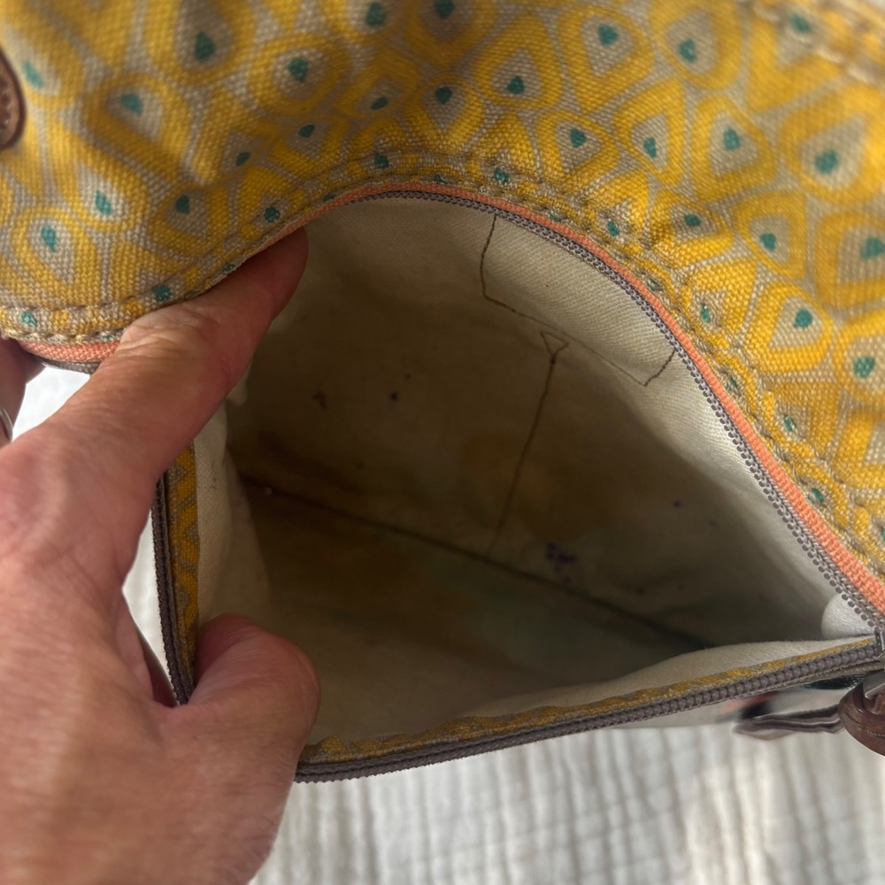 Fossil Key-Per Bird Print Coated Canvas Crossbody Bag Gray Yellow Multi - Picture 8 of 8